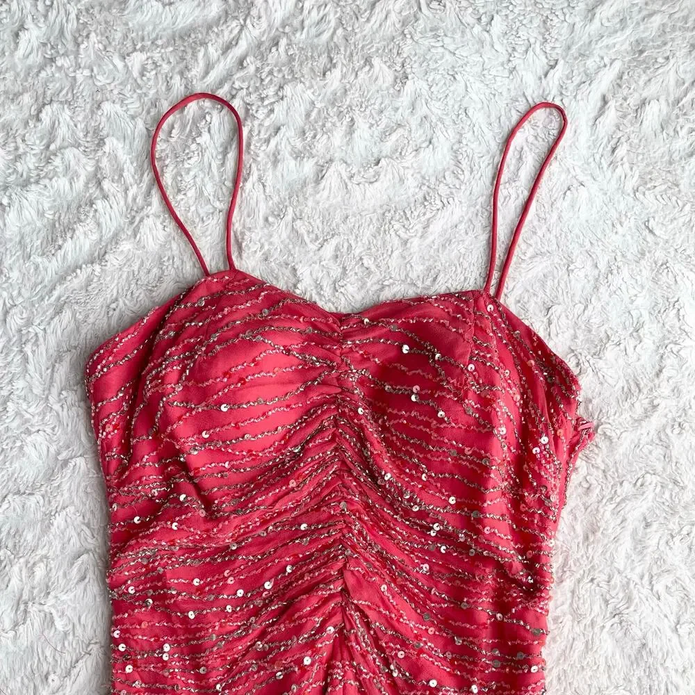 Scala prom dress coral pink 100% silk ruffle hem slip gown beaded sequin‎ formal